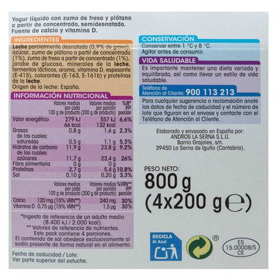 Yogur l&iacute;quido Alipende pack 4 fresa pl&aacute;tano