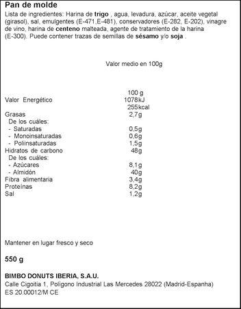 Pan de molde artesano Bimbo 500g