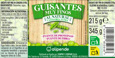 Guisantes Alipende tarro cristal 215g muy finos