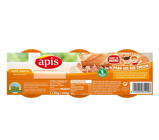 Paté de hígado de cerdo con textura suave Apis pack 3uds
