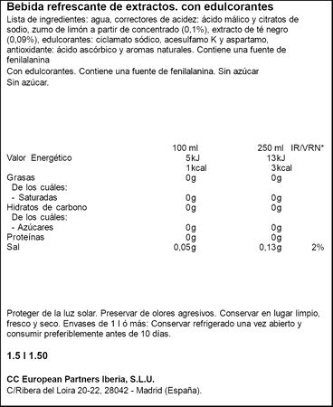 Refresco de té al limón sin azúcar Fuze Tea 1,5l