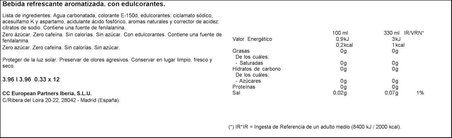 Refresco cola Coca-Cola 33cl pack 12 zero zero sin cafeína