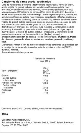 Canelones de carne asada gratinados Casa Mas 350g