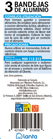 Bandeja de aluminio Lanta 1l pack3