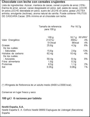 Chocolate con leche sin gluten nestlé 100g Crunch