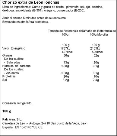 Chorizo de le&oacute;n Palcarsa 100g en lonchas
