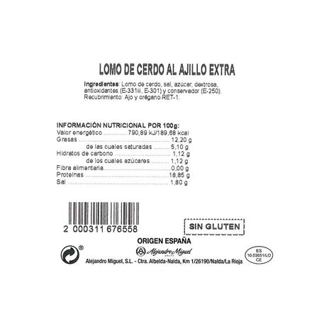 Cinta de lomo de cerdo duroc al ajillo por media pieza peso aproximado 1,4k 