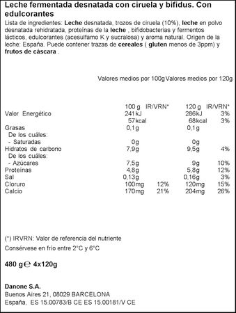 B&iacute;fidus probi&oacute;tico Activia desnatado 0% materia grasa pack 4 ciruelas