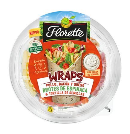 Wraps con brotes de espinacas, pollo, bacon y queso Florette 255g