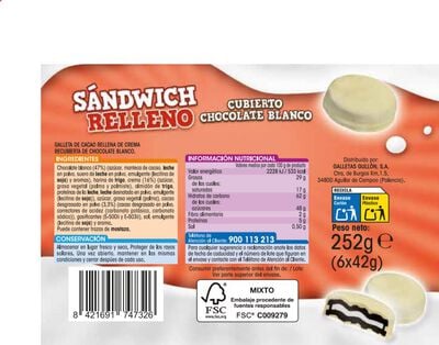 Galletas de chocolate blanco s&aacute;ndwich Alipende 252g