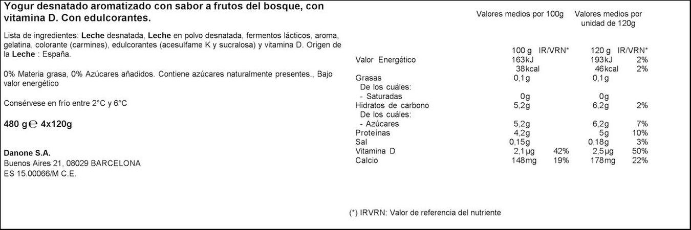 Yogur desnatado Vitalinea pack 4 frutas del bosque