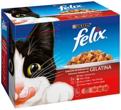 Comida h&uacute;meda gato gelatina F&eacute;lix sabores pack 12