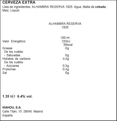 Cerveza dorada Alhambra Reserva 1925 pack 6 botellas 22,5cl
