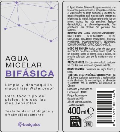 Agua micelar bif&aacute;sico de 400ml Bodyplus