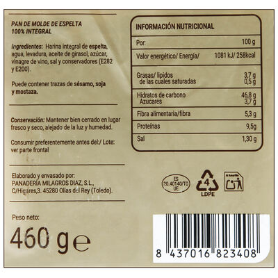 Pan de molde 100% integral de espelta Milagros, 460 g
