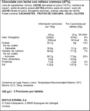 Chocolate con leche extrafino relleno cremoso Nestle 100g