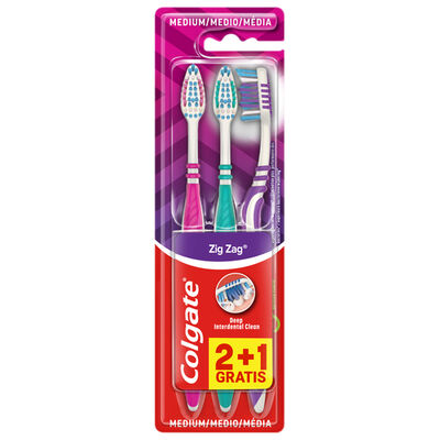 Cepillo de dientes Colgate ZigZag limpieza profunda, medio, 3uds