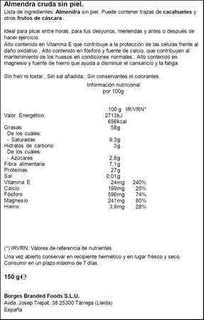 Almendra repelada y secada Borges 150g