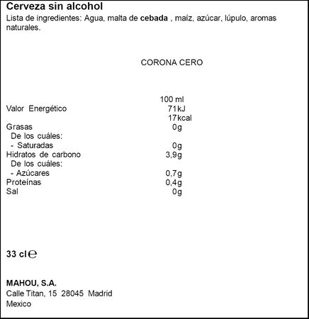 Cerveza rubia sin alcohol Corona botella 33cl