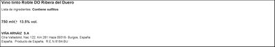 Vino tinto DO Ribera del Duero Pata Negra roble