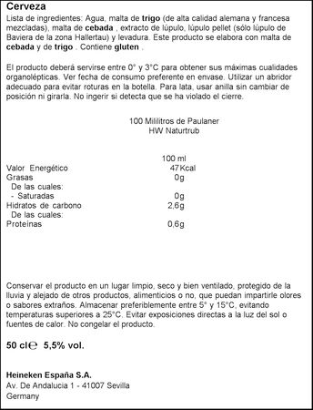 Cerveza de trigo Paulaner botella 50cl