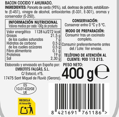 Bacon ahumado Alipende taco 400g