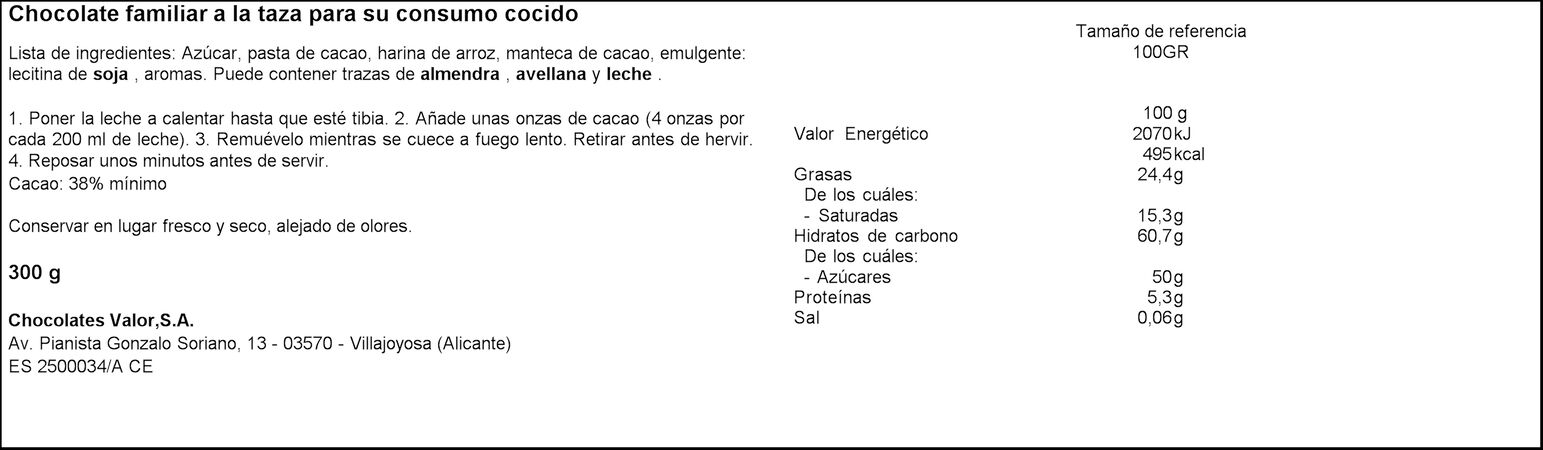 Chocolate sin gluten Valor 300g a la taza
