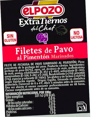Filete de pavo extratiernos marinado al piment&oacute;n El Pozo 600G aprox