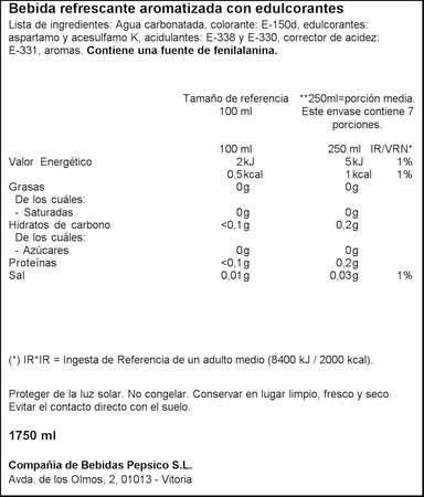 Refresco de cola sin cafeína Pepsi zero botella 1,75l