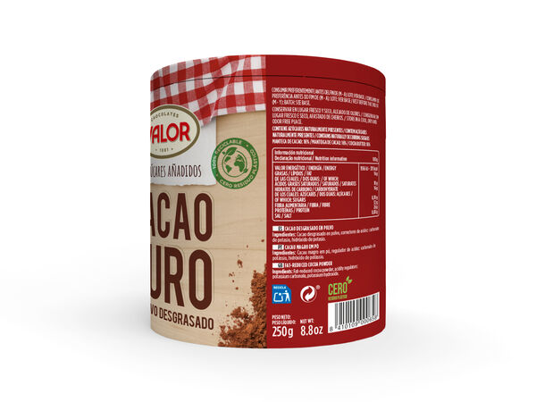 Cacao puro en polvo sin azúcar añadido Valor 250g