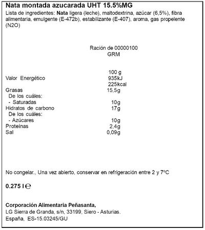 Nata montada ligera en spray Asturiana 250 gr + 10%