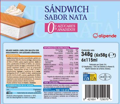 Helado sandwich sin azúcares añadidos Alipende nata 6 uds