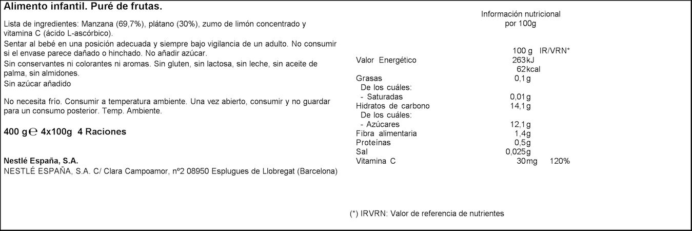 Preparado fruta Nestlé manzana plátano sin gluten pack 4