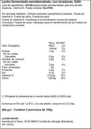 Nestl&eacute; K&eacute;fir natural con fermentos l&aacute;cteos y levaduras de k&eacute;fir 500g