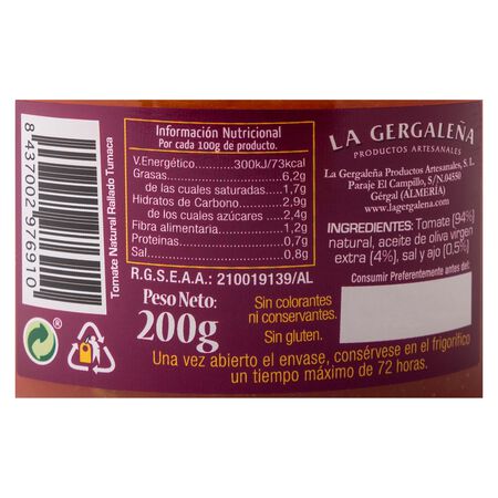 Tomate rallado tumaca aceite ajo La Gergaleña 200g