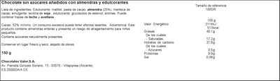 Chocolate puro almendras s/gluten s/az&uacute;car Valor 150g