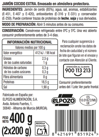 Jam&oacute;n cocido en lonchas Alipende pack 2x200gr
