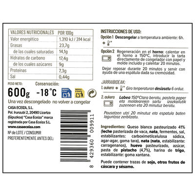 Tarta de queso donostiarra con pistacho Casa Eceiza 600 g