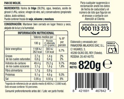 Pan de molde Alipende 820g especial tostada sin tapas