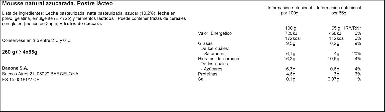 Mousse Danone pack 4 natural azucarado