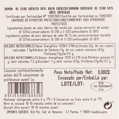 Jam&oacute;n de cebo ib&eacute;rico 50% raza IB. Supreme de placeres 80 gr