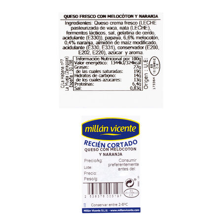 Queso fresco con melocotón y naranja Millán Vicente cuña 150g aproximadamente