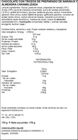 Chocolate puro de naranja con almendras caramelizadas Valor 170g