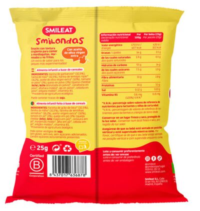 Alimento infantil snack ma&iacute;z garbanzo lenteja tomate queso Smilondas 25g