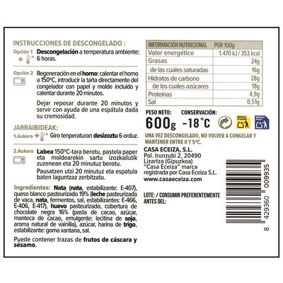 Tarta de queso donostiarra con chocolate Casa Eceiza 600g