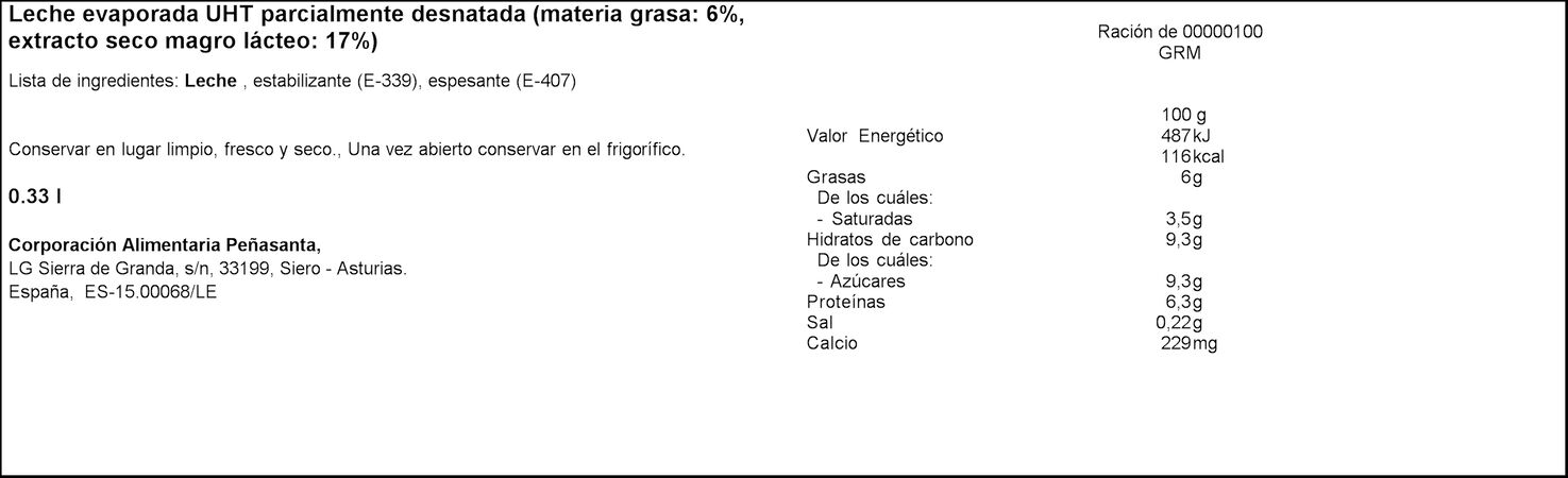 Leche evaporada Asturiana 340g desnatada