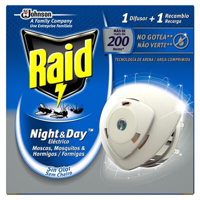 Insecticida eléctrico aparato + recambio Raid night&day sin olor para moscas mosquitos y hormigas
