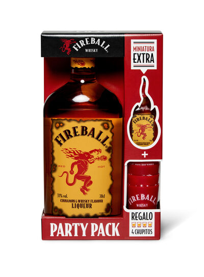 Whisky Fireball Botella de 0,7L, incluye 4 vasos de chupito y una miniatura de Fireball