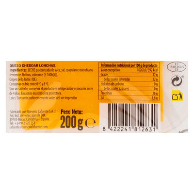 Queso cheddar rojo en lonchas Lafuente 200g