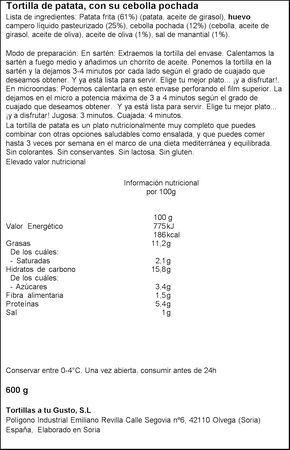 Tortilla de patata con cebolla La Tortillería a tu gusto 600g